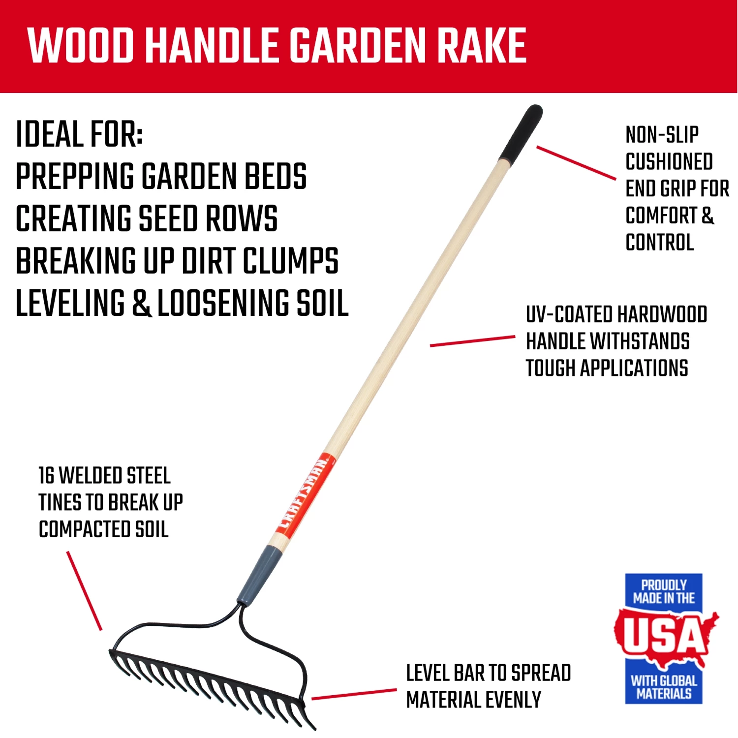Cheap 👍 CRAFTSMAN Lawn & Garden Hand Tools 57.25-in L Wood-Handle Welded Steel Garden Rake ✨ 4 Cheap 👍 CRAFTSMAN Lawn & Garden Hand Tools 57.25-in L Wood-Handle Welded Steel Garden Rake ✨ - Image 4