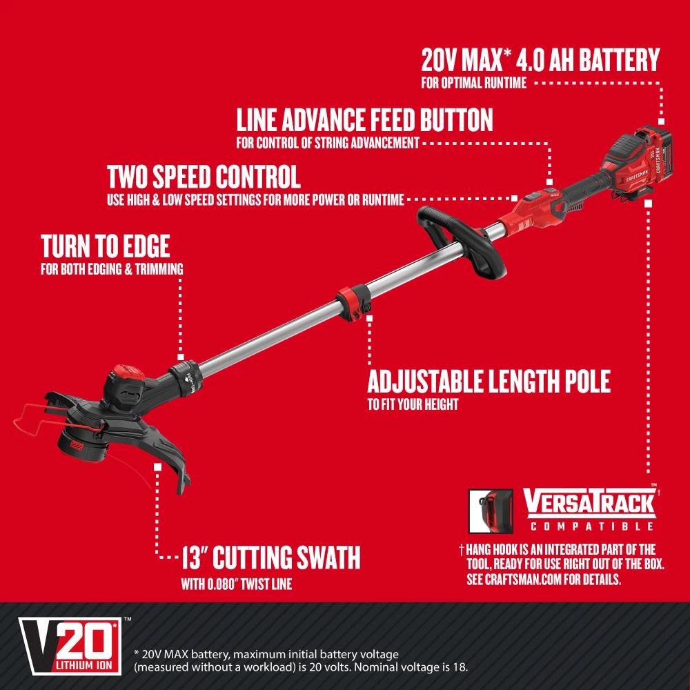 Best Pirce ✨ CRAFTSMAN Trimmers & Edgers WEEDWACKER V20 20-Volt Max 13-in Straight Cordless String Trimmer with Edger Capable (Battery Included) ❤️ 3 Best Pirce ✨ CRAFTSMAN Trimmers & Edgers WEEDWACKER V20 20-Volt Max 13-in Straight Cordless String Trimmer with Edger Capable (Battery Included) ❤️ - Image 3
